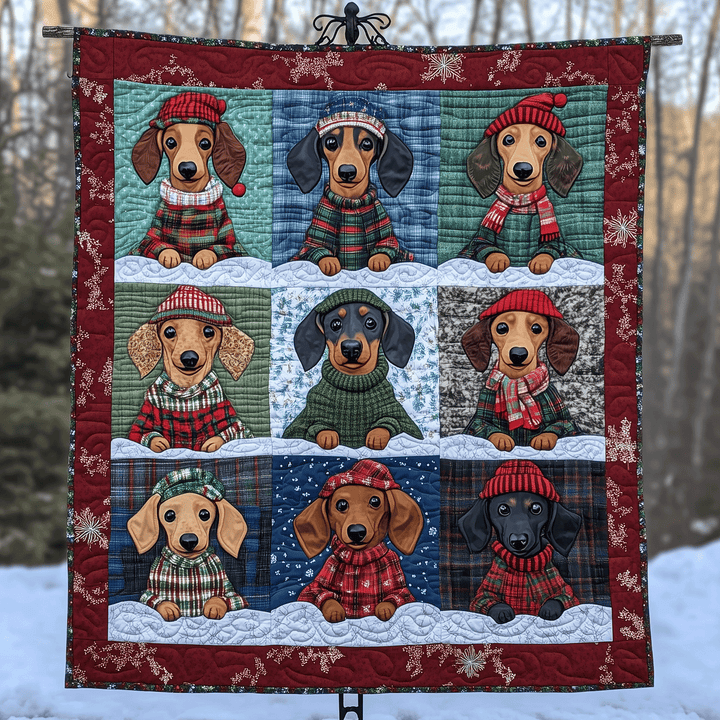 Merry Dachshund Art Quilt Wall Hanging