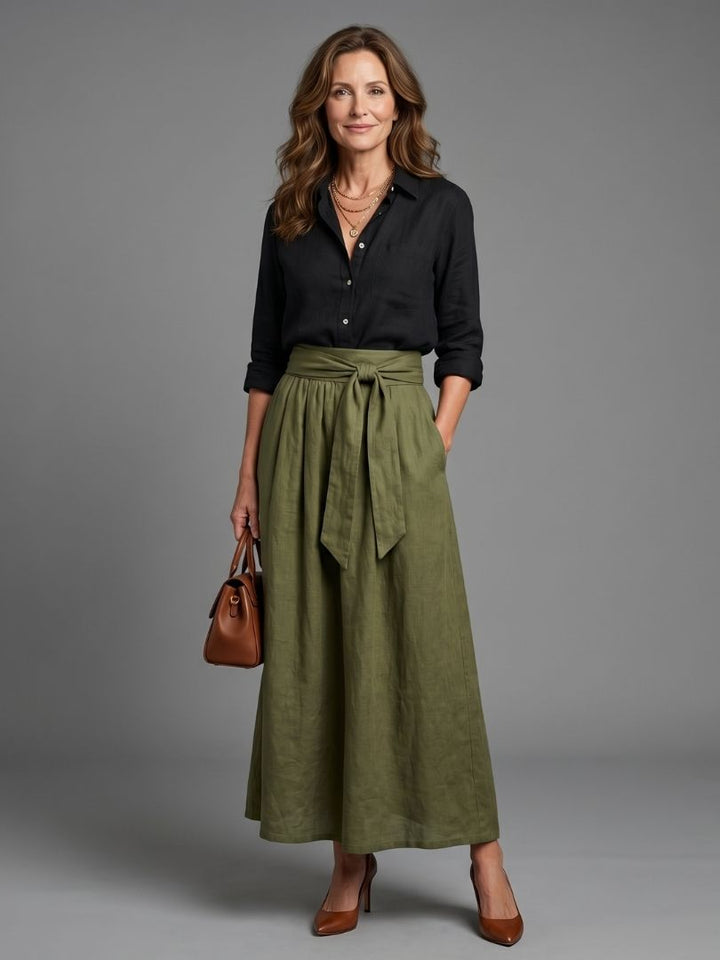 Mira - Black Blouse and Olive Midi Skirt Set