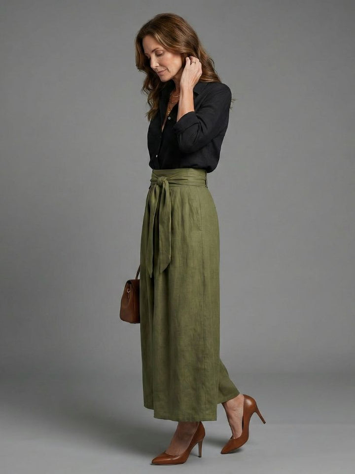 Mira - Black Blouse and Olive Midi Skirt Set