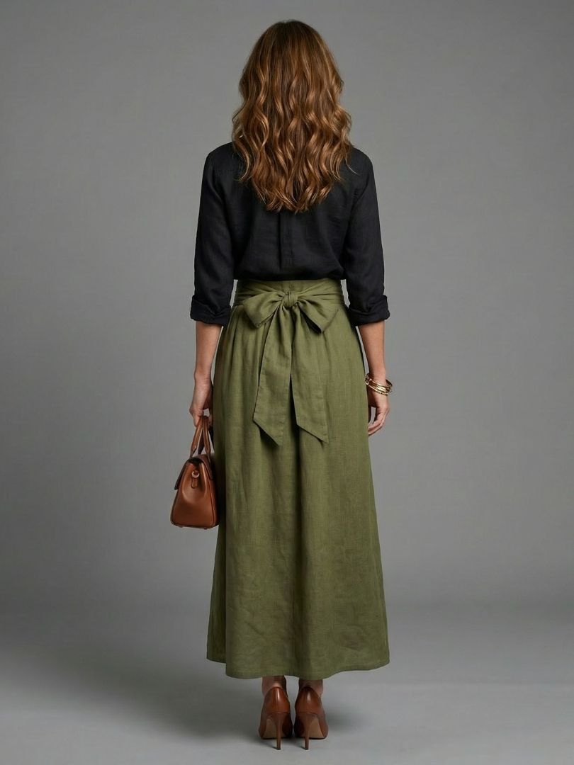 Mira - Black Blouse and Olive Midi Skirt Set