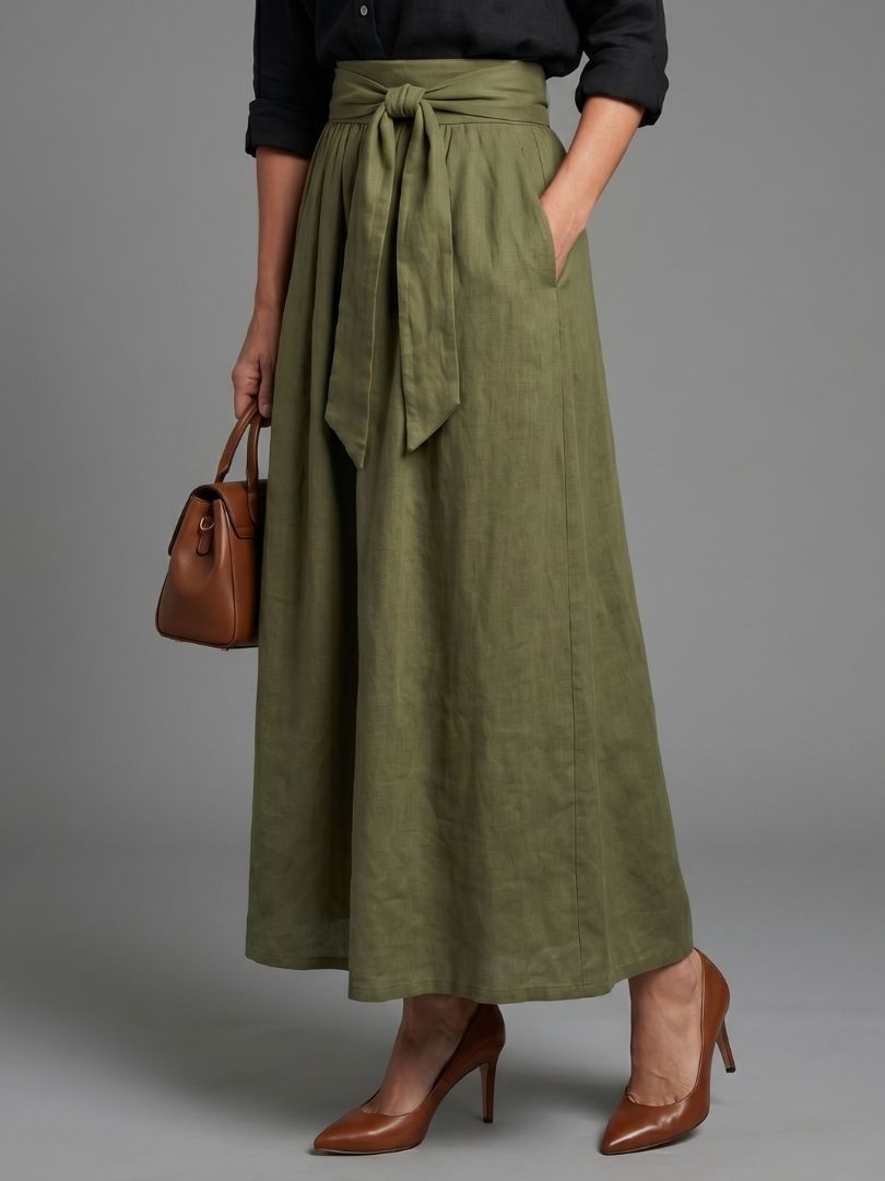Mira - Black Blouse and Olive Midi Skirt Set