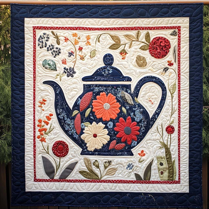 Navy Floral Teapot Art Quilt Wall Hanging