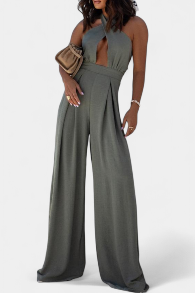 Elara - Crossover Halter Backless Wide-Leg Jumpsuit