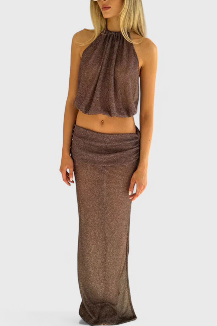 Mirella - Sheer Crop Top and Long Slit Skirt Lounge Set