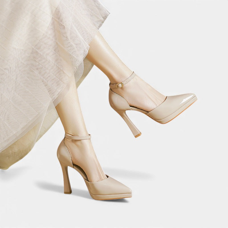 Babette - Leather Pointed Toe Ankle Strap Block Heels