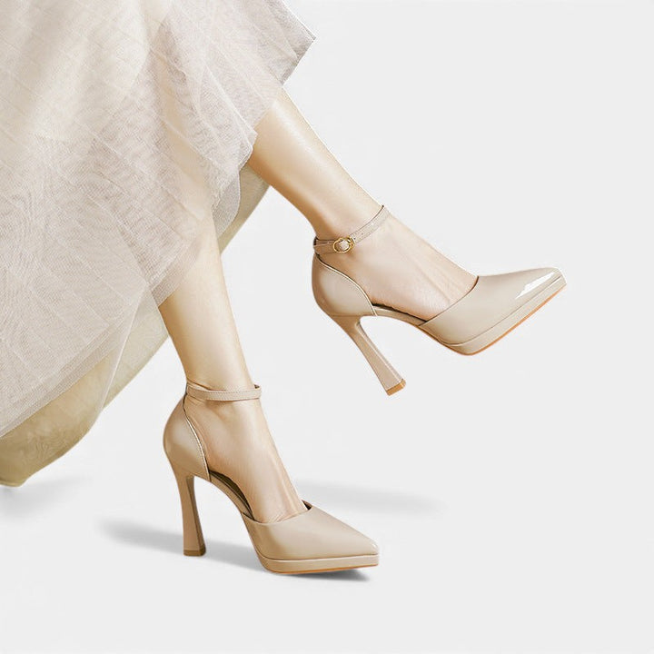 Babette - Leather Pointed Toe Ankle Strap Block Heels