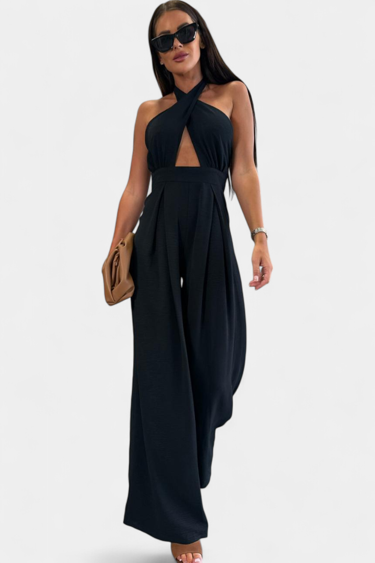 Elara - Crossover Halter Backless Wide-Leg Jumpsuit