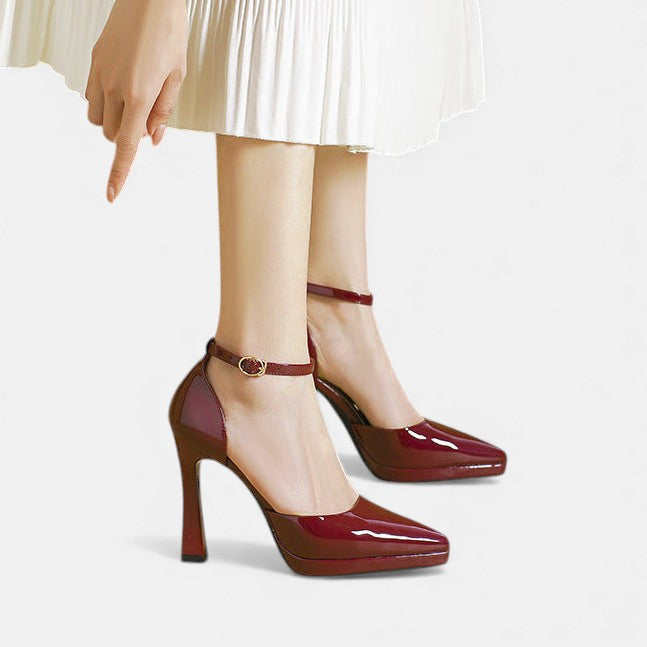 Babette - Leather Pointed Toe Ankle Strap Block Heels