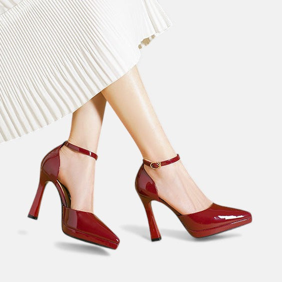 Babette - Leather Pointed Toe Ankle Strap Block Heels