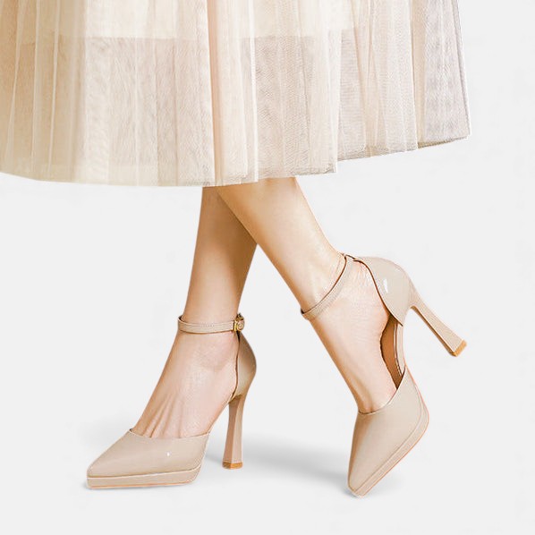 Babette - Leather Pointed Toe Ankle Strap Block Heels
