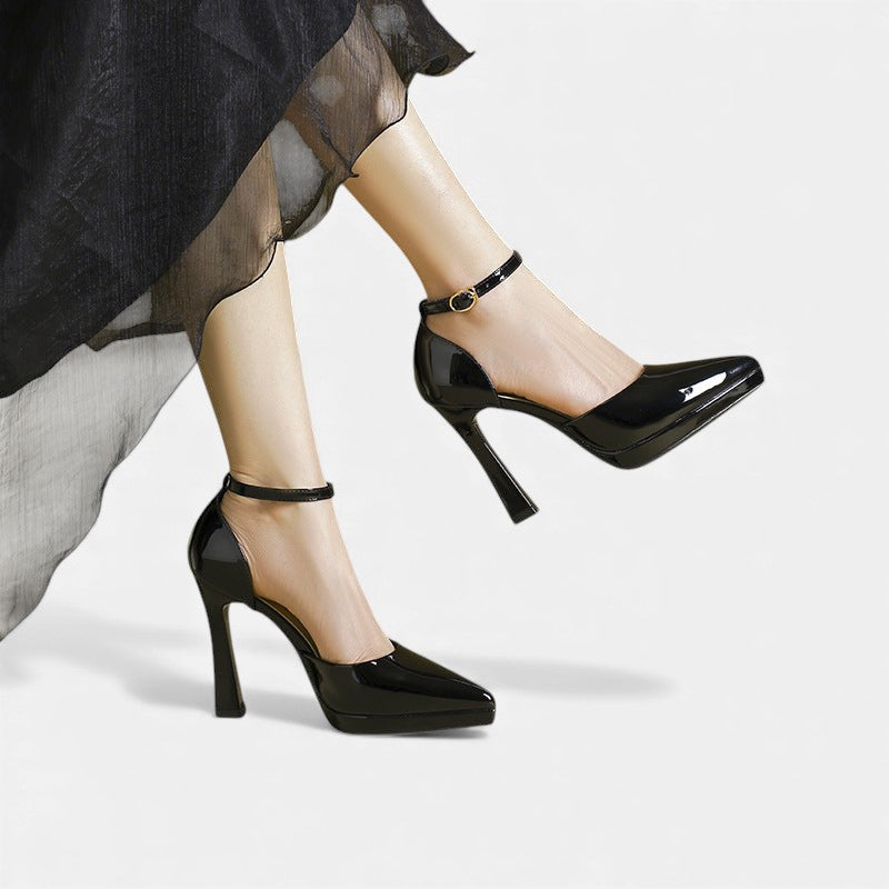 Babette - Leather Pointed Toe Ankle Strap Block Heels