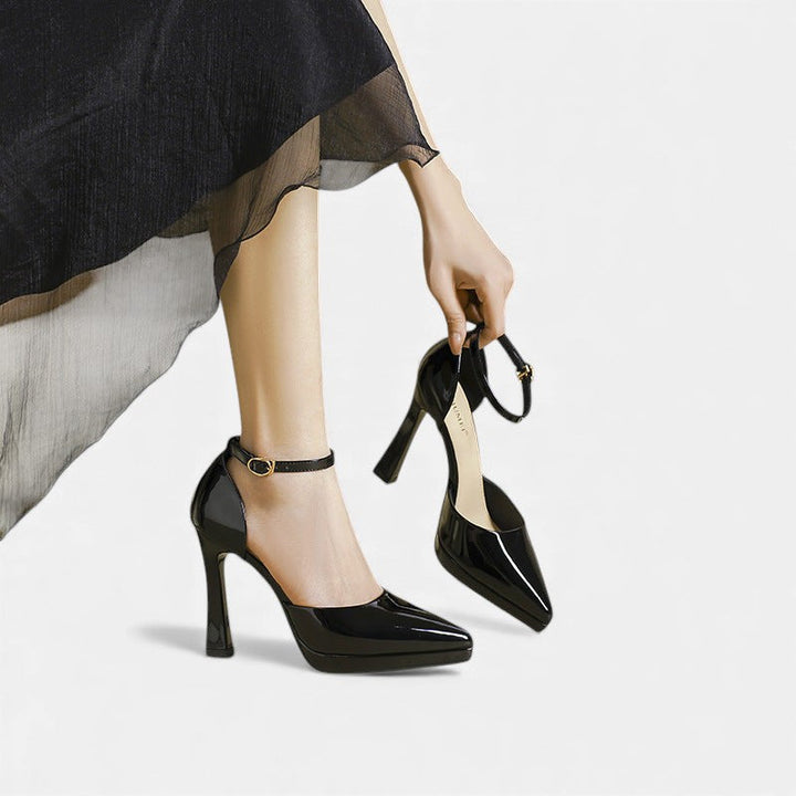 Babette - Leather Pointed Toe Ankle Strap Block Heels