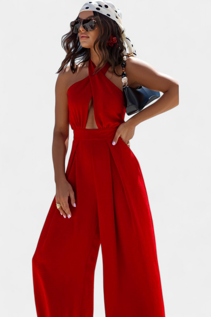 Elara - Crossover Halter Backless Wide-Leg Jumpsuit