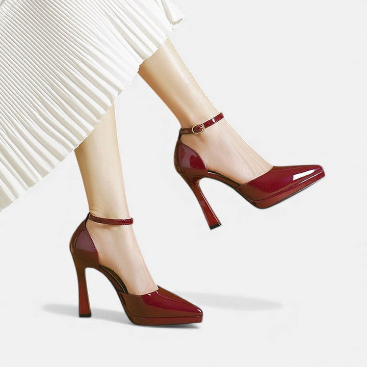 Babette - Leather Pointed Toe Ankle Strap Block Heels