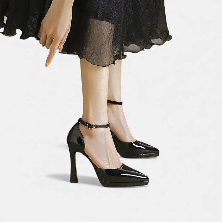 Babette - Leather Pointed Toe Ankle Strap Block Heels