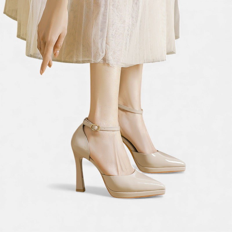 Babette - Leather Pointed Toe Ankle Strap Block Heels
