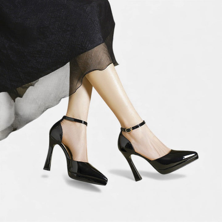 Babette - Leather Pointed Toe Ankle Strap Block Heels