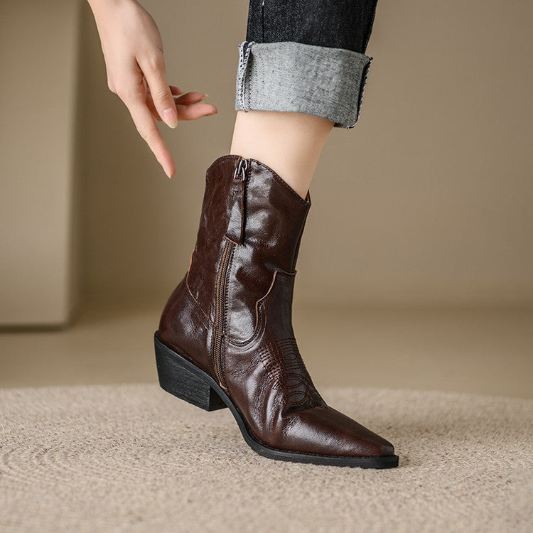 Jessa - Genuine Leather Western Ankle Boots