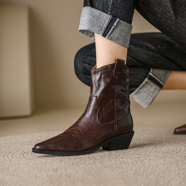 Jessa - Genuine Leather Western Ankle Boots