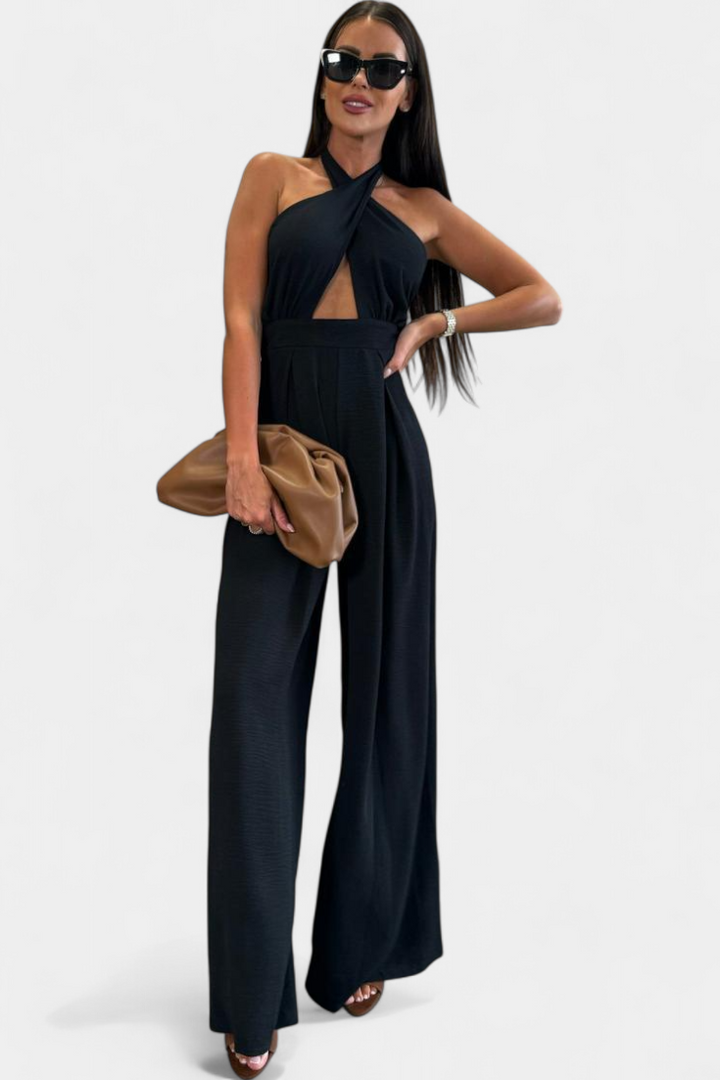 Elara - Crossover Halter Backless Wide-Leg Jumpsuit