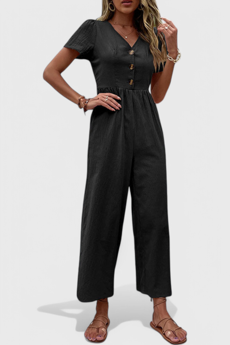 Cameron - Button-Front Short Sleeve Jumpsuit