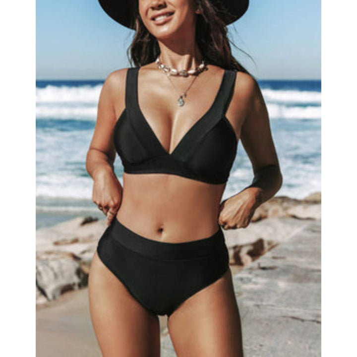 Marilyn - Solid High-Waisted Bikini with V-Neck Top
