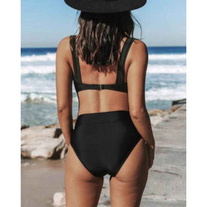 Marilyn - Solid High-Waisted Bikini with V-Neck Top