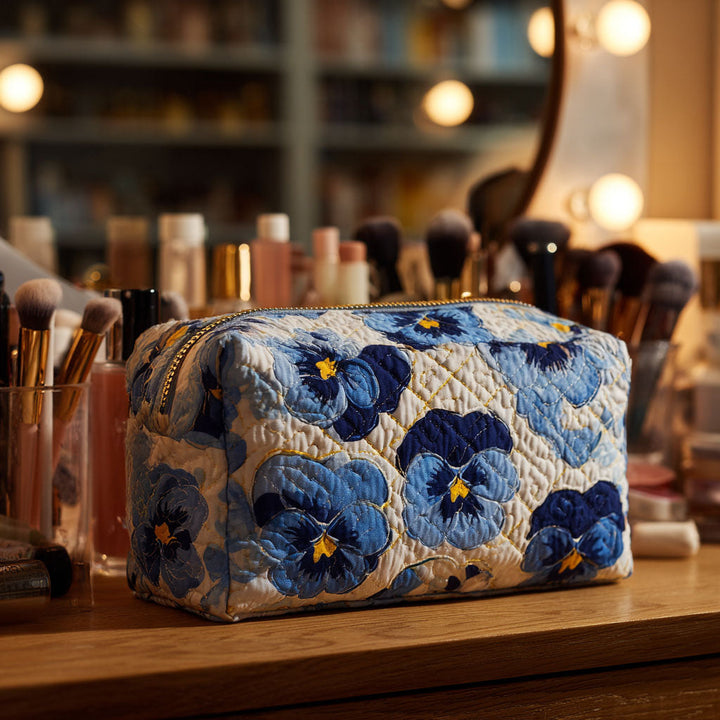 Pansies in the Wind Quilted Makeup Bag