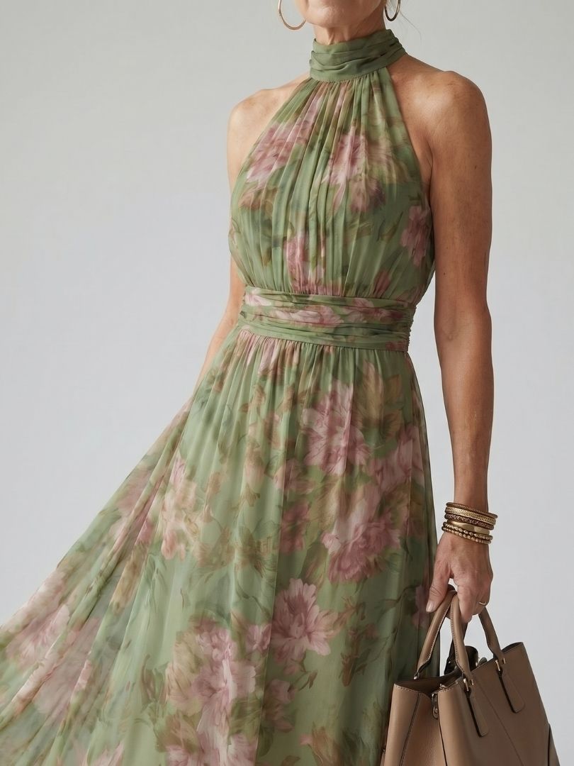 Emelia - Floral Halter Midi Dress with Seam Detail