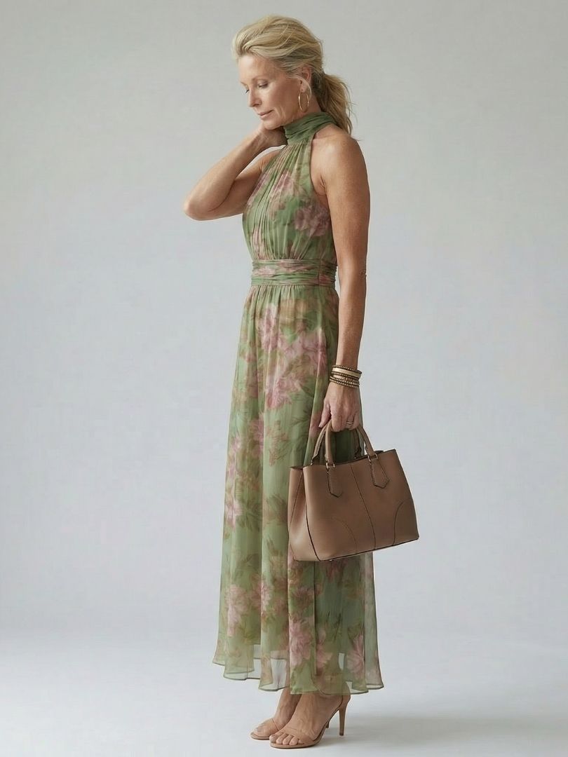 Emelia - Floral Halter Midi Dress with Seam Detail