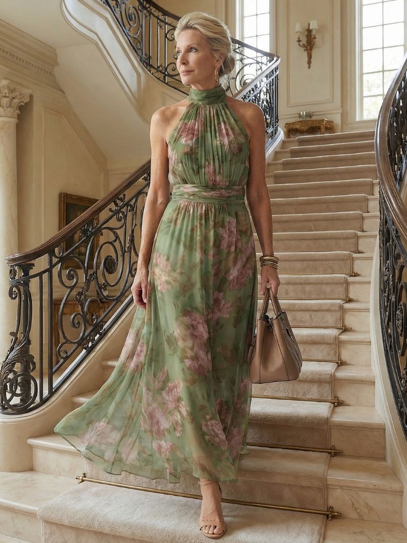Emelia - Floral Halter Midi Dress with Seam Detail