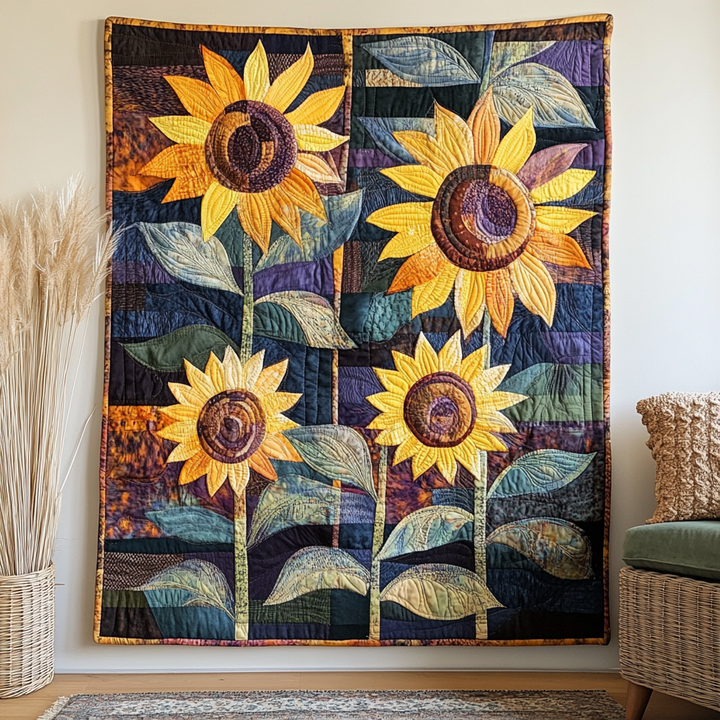 Radiant Blossoms Sunflower Art Quilt Wall Hanging