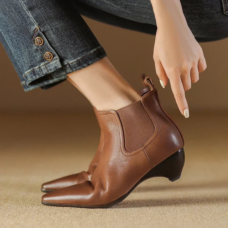 Kinsley - Genuine Leather Curved Heel Boots