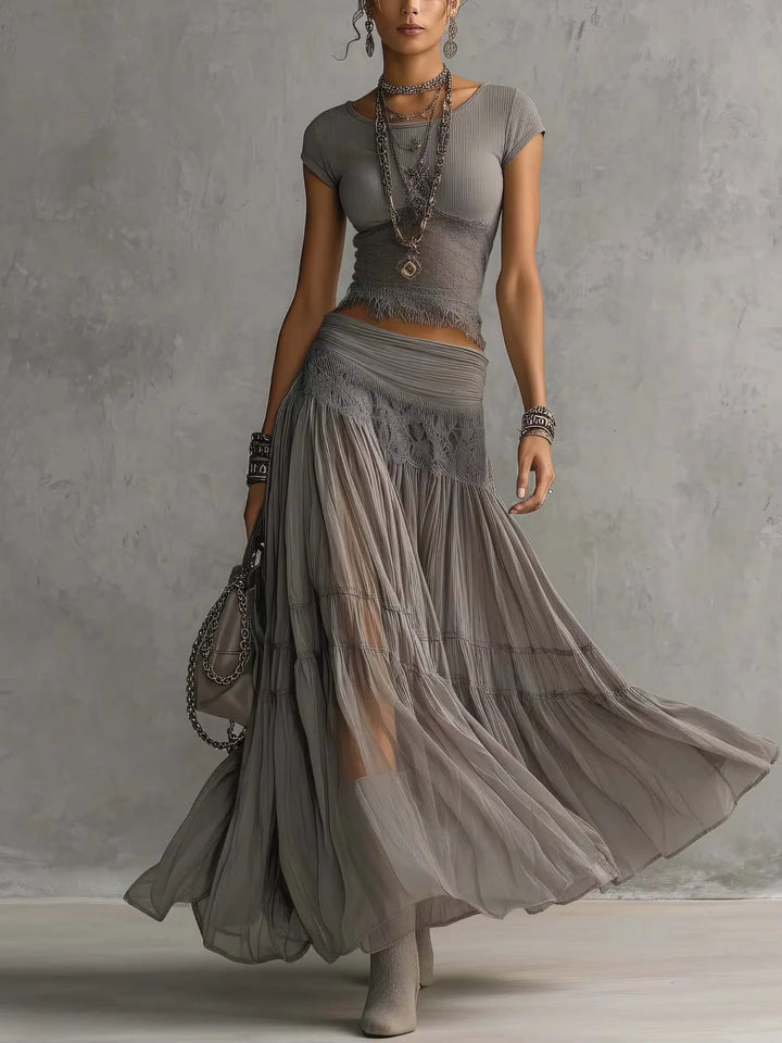 Deborah - Lace Top and Pleated Maxi Skirt Set