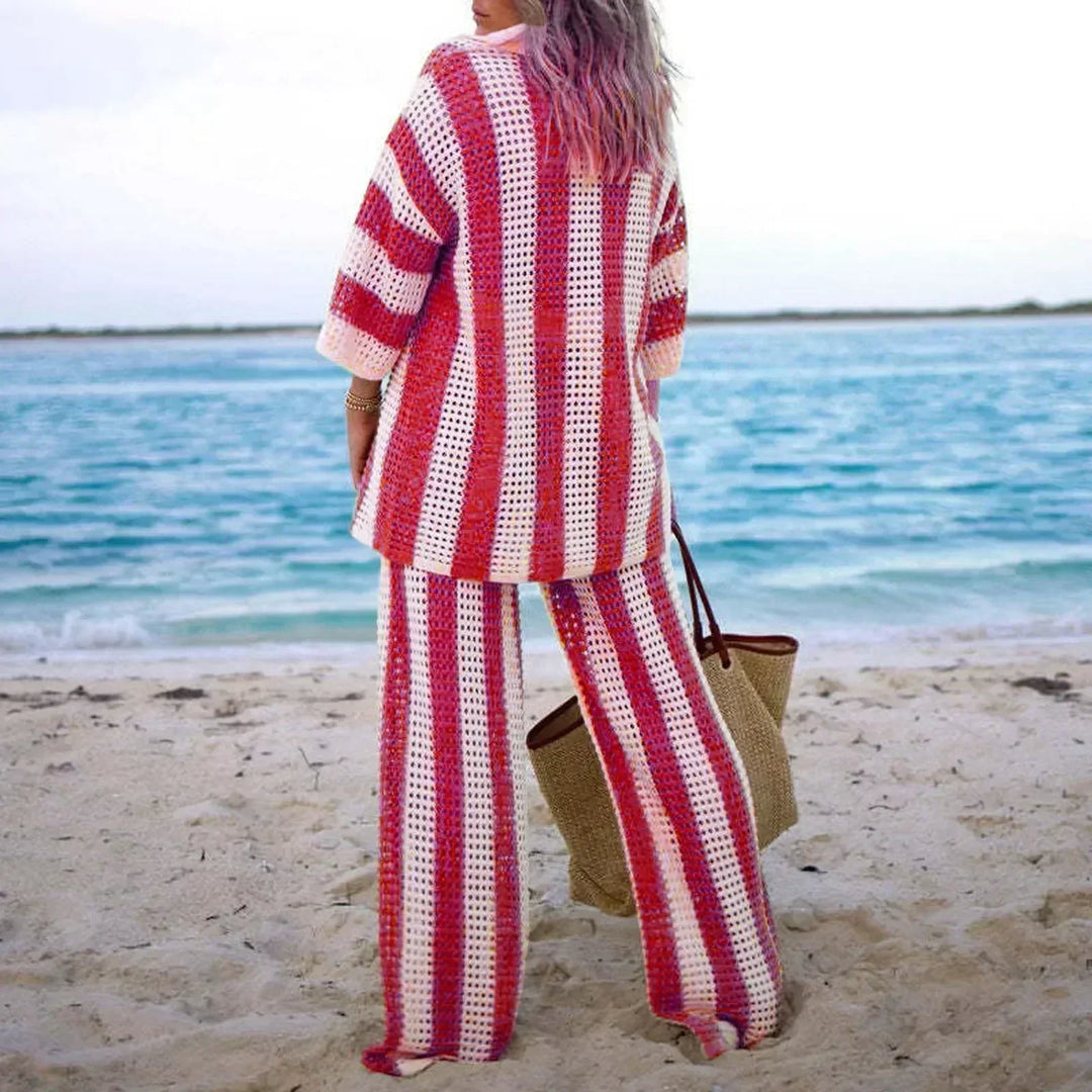 Madelyn - Striped Knit Kimono & Pants Set