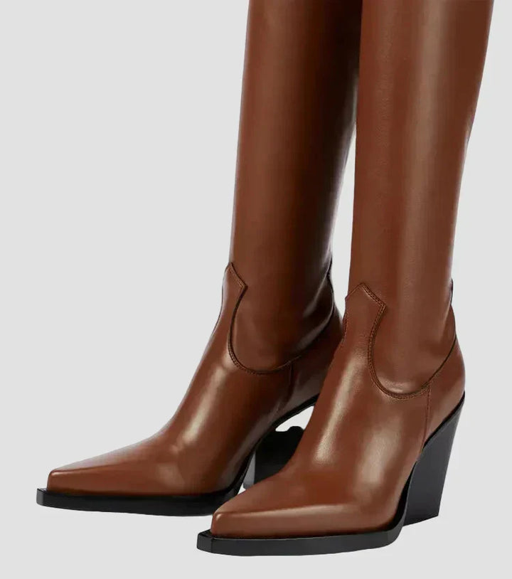 Yasmin - Faux Leather Over-the-Knee Heeled Boots