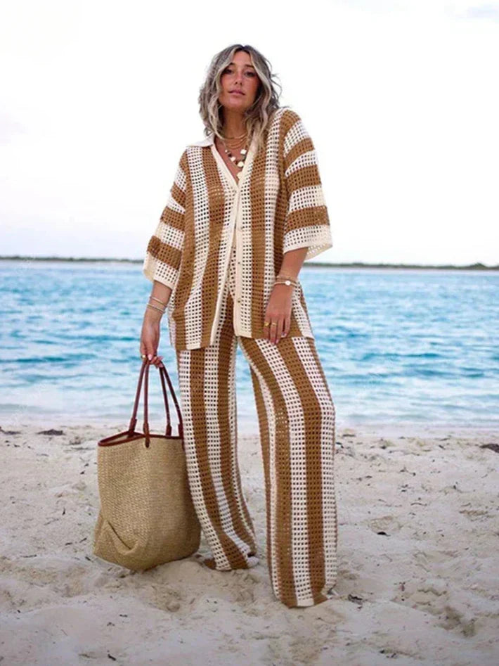 Madelyn - Striped Knit Kimono & Pants Set