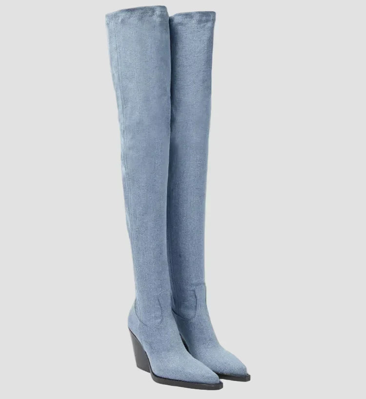 Yasmin - Faux Leather Over-the-Knee Heeled Boots
