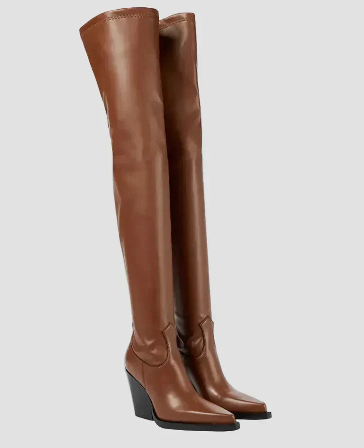 Yasmin - Faux Leather Over-the-Knee Heeled Boots