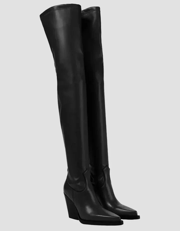 Yasmin - Faux Leather Over-the-Knee Heeled Boots