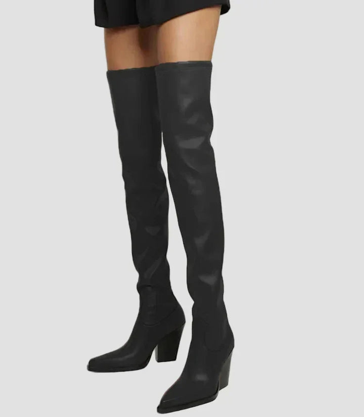 Yasmin - Faux Leather Over-the-Knee Heeled Boots
