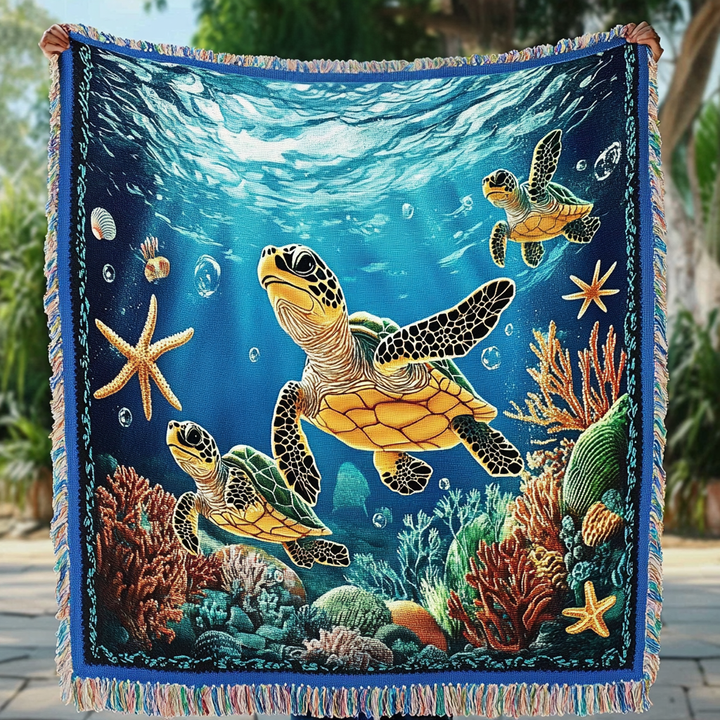 Tranquil Shells Turtle Woven Blanket