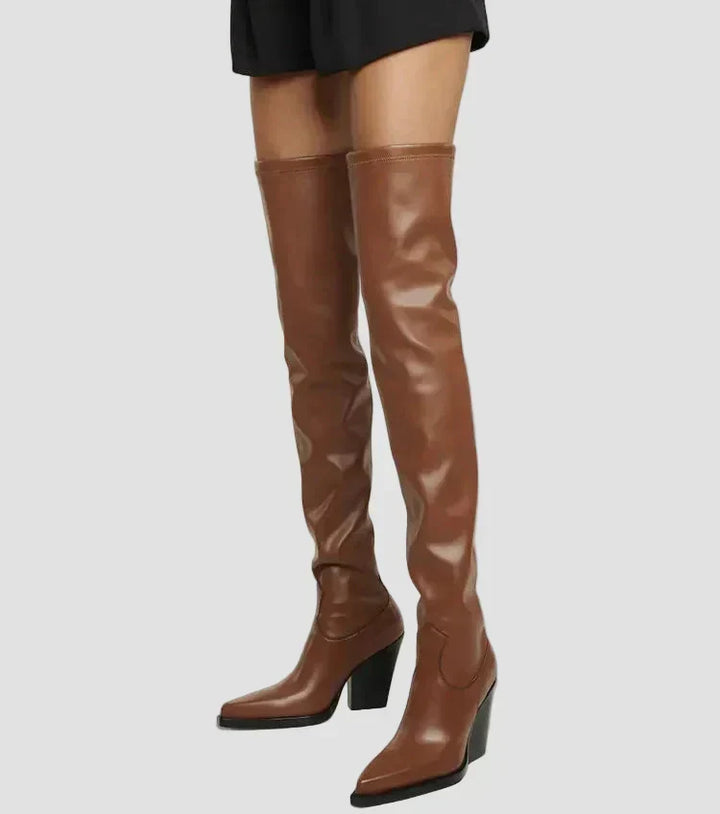 Yasmin - Faux Leather Over-the-Knee Heeled Boots