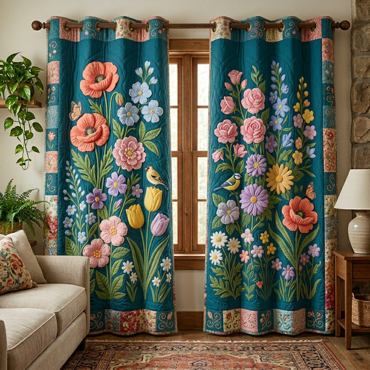Aqua Green Floral Quilted Curtains