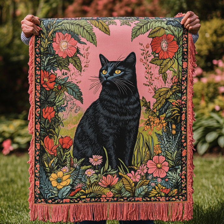 Velvet Shadows Black Cat Woven Blanket