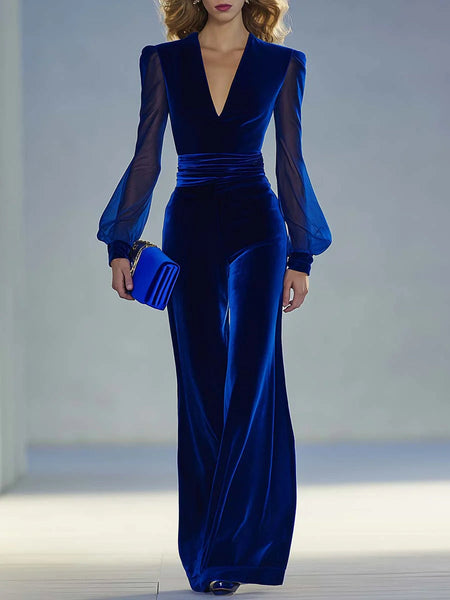 Sabrina - Jumpsuit lungo in velluto reale con scollo a V e maniche lunghe in rete, elegante e rétro