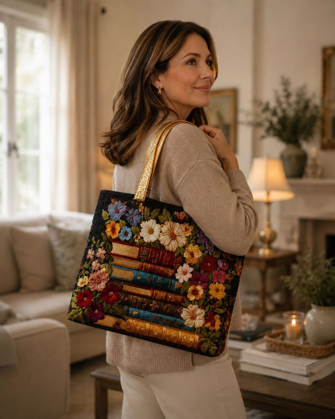 Bolso Tote Acolchado - Estampado floral y de libros