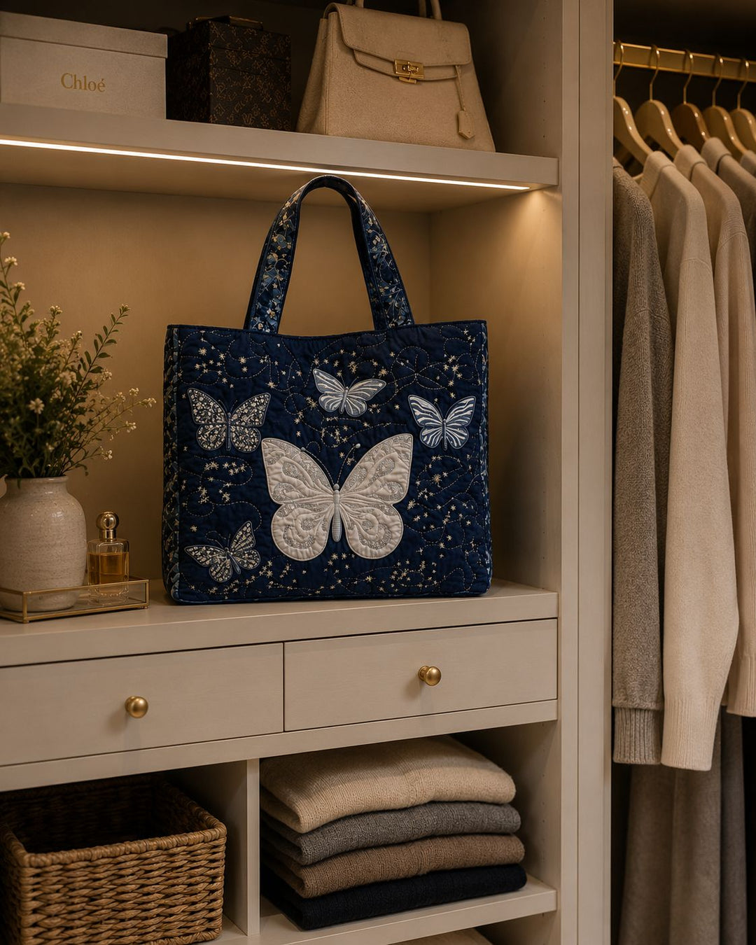 Bolso Tote Acolchado - Mariposa Plateada