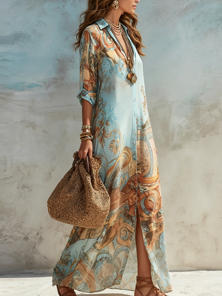 Caroline - Blue Floral Maxi Shirt Dress