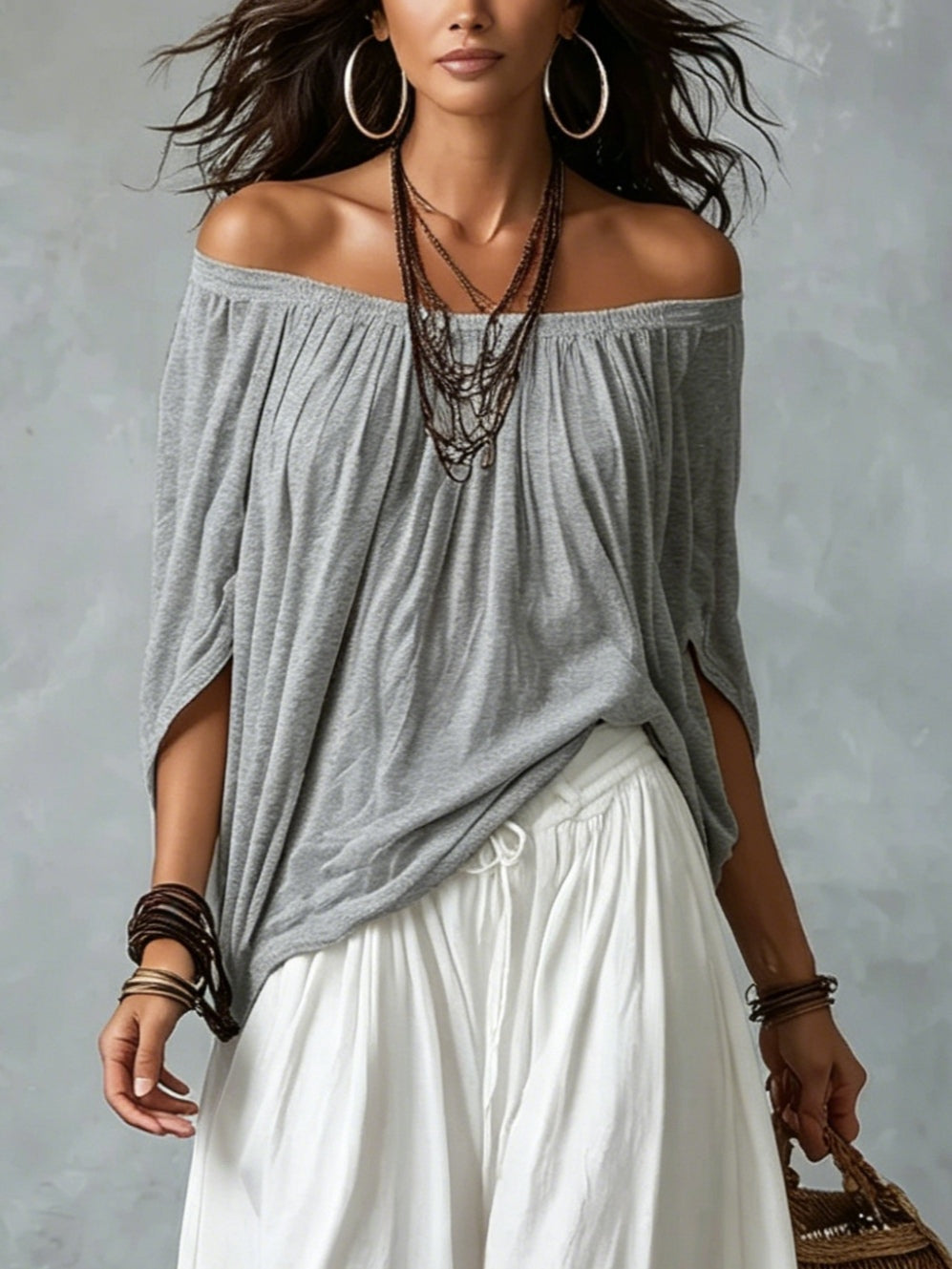 Divina - Boho Off-Shoulder Top and Wide-Leg Pants Set